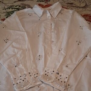 Anthropologie White Button Down Shirt with Pearl Embellishments